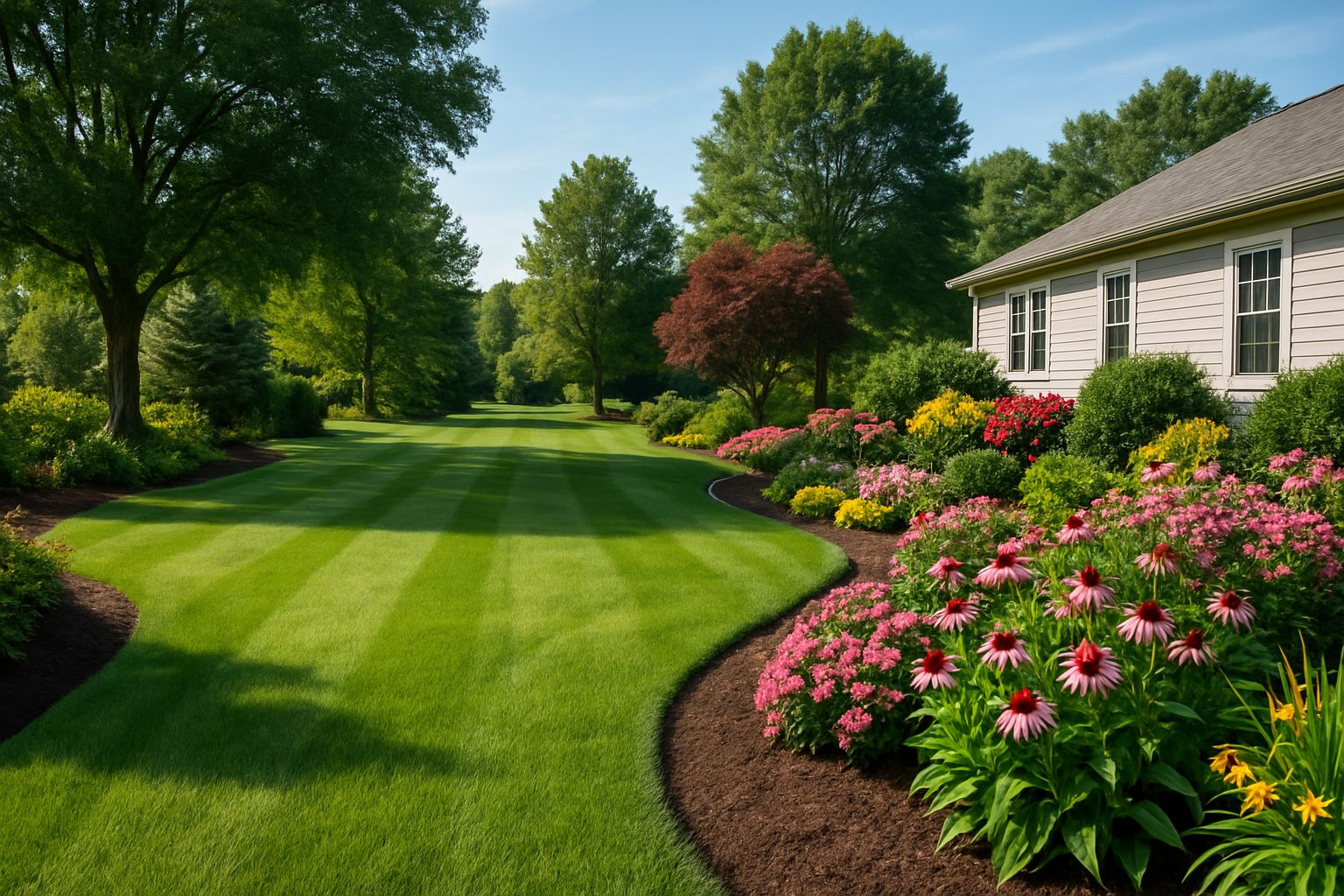 Beautiful landscaped lawn with lush greenery